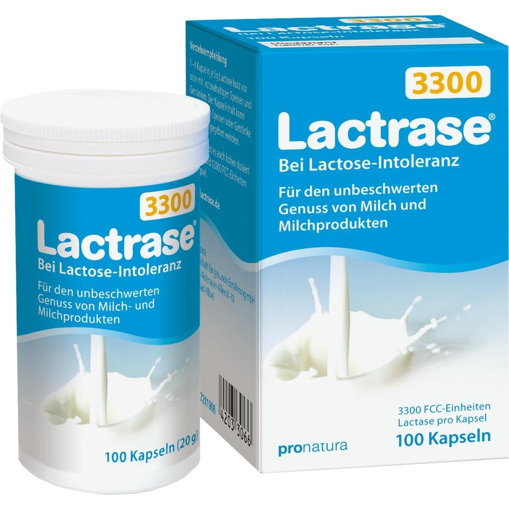 Eine blaue Packung und Dose mit Laktase-Kapseln f&uuml;r Laktose-Intoleranz.