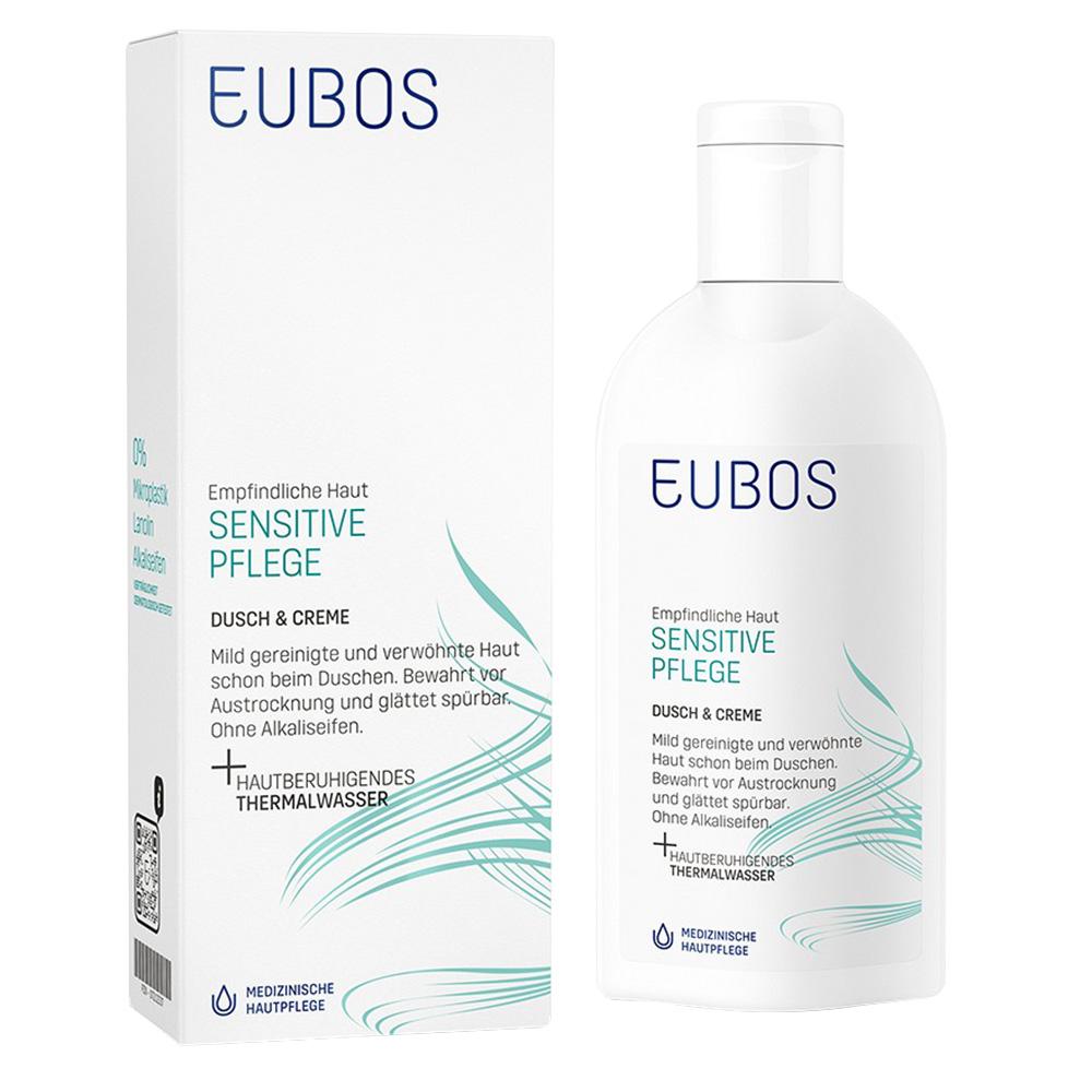 Wei&szlig;e Verpackung mit der Aufschrift "EUBOS Sensitive Pflege Dusch & Creme".