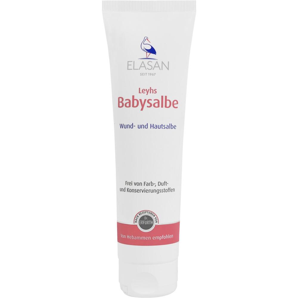 Eine Tube Babysalbe mit Bild eines Babys auf dem Etikett.