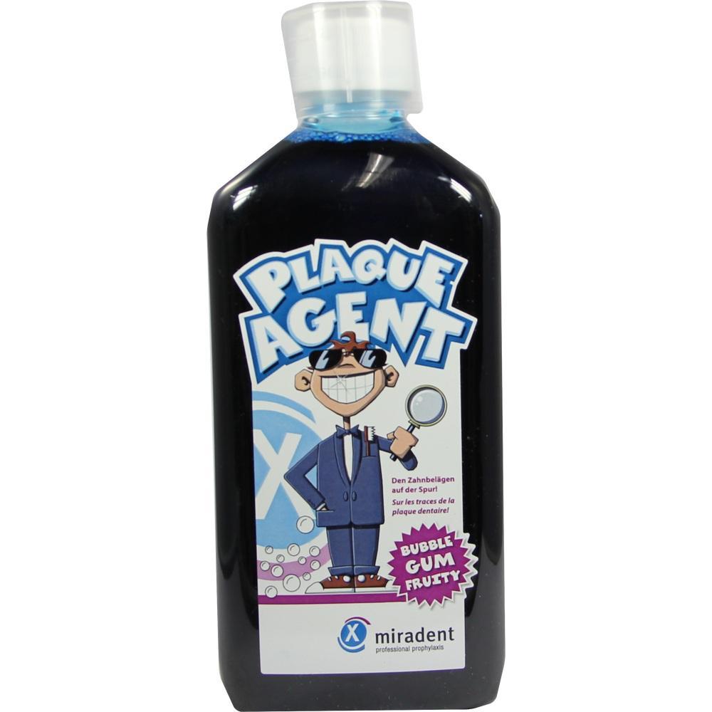 Flasche mit einem Zahnspülmittel, das Plaque sichtbar macht, mit Comic-Detektiv auf dem Etikett.