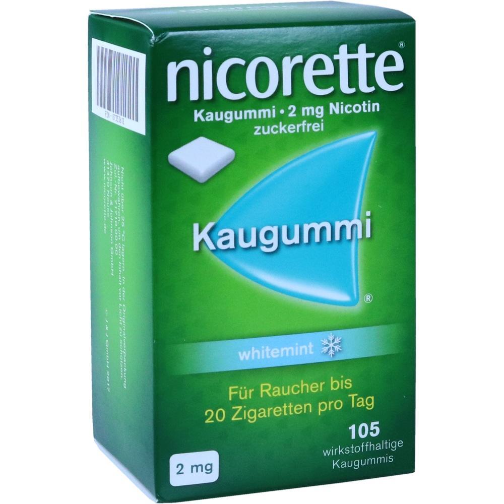 Gr&uuml;ne Packung Nicorette Kaugummi mit Minzgeschmack und 2 mg Nicotin.