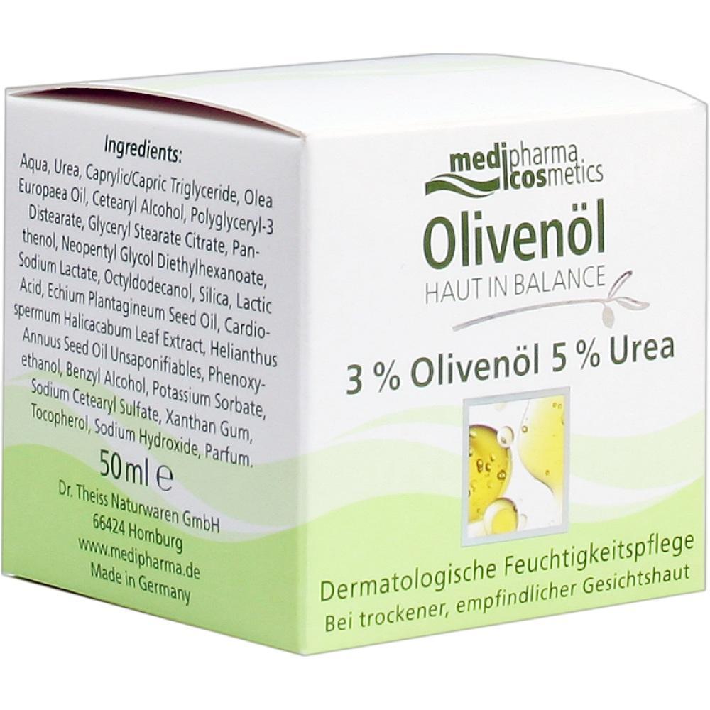 Weiße Schachtel mit Olivenöl-Creme für trockene, empfindliche Haut.