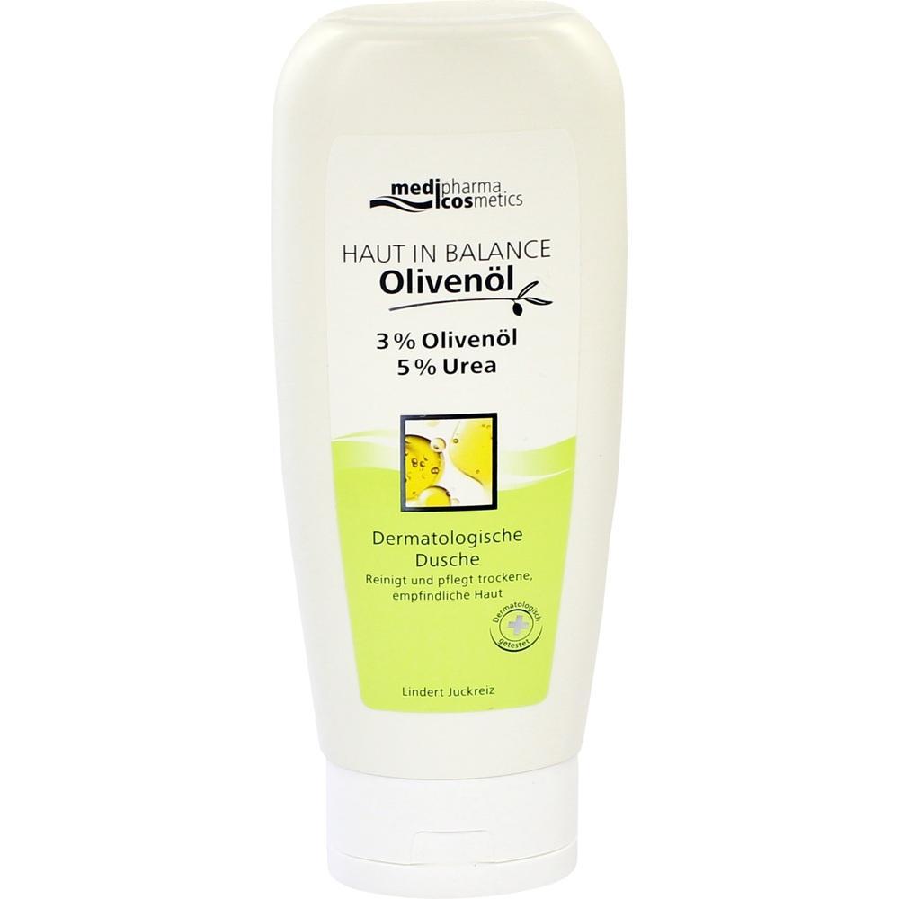 Wei&szlig;e Flasche mit Oliven&ouml;l-Duschgel f&uuml;r empfindliche Haut.