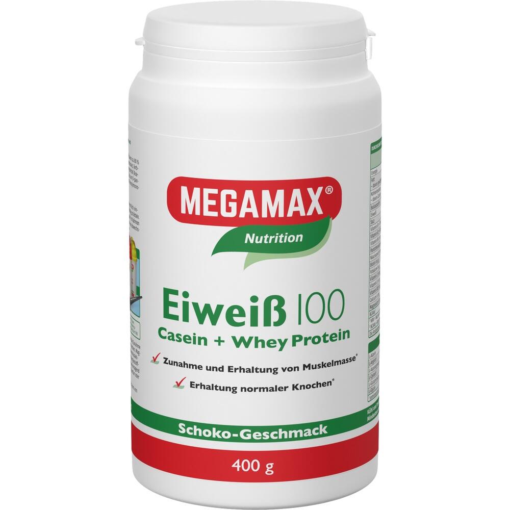 Ein wei&szlig;er Beh&auml;lter mit Schoko-Proteinpulver von Megamax.