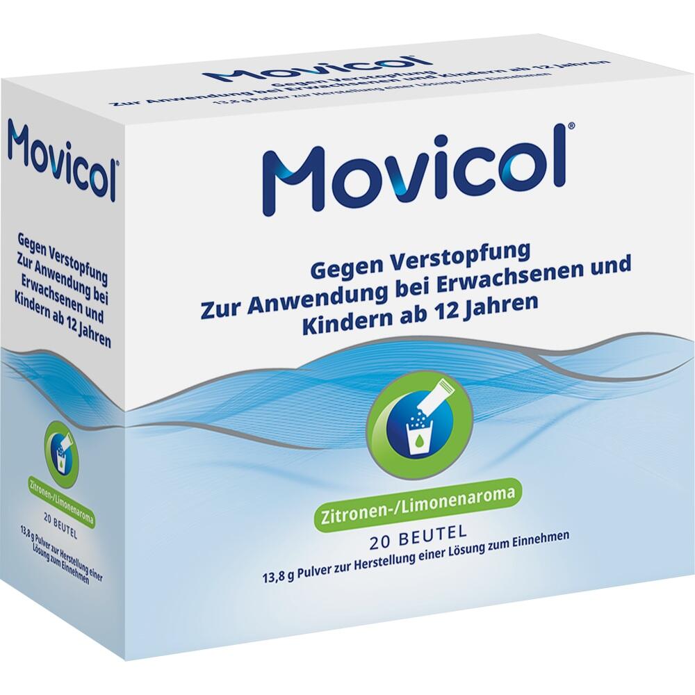 Eine Packung Movicol gegen Verstopfung, f&uuml;r Menschen ab 12 Jahren, mit Zitronenaroma.