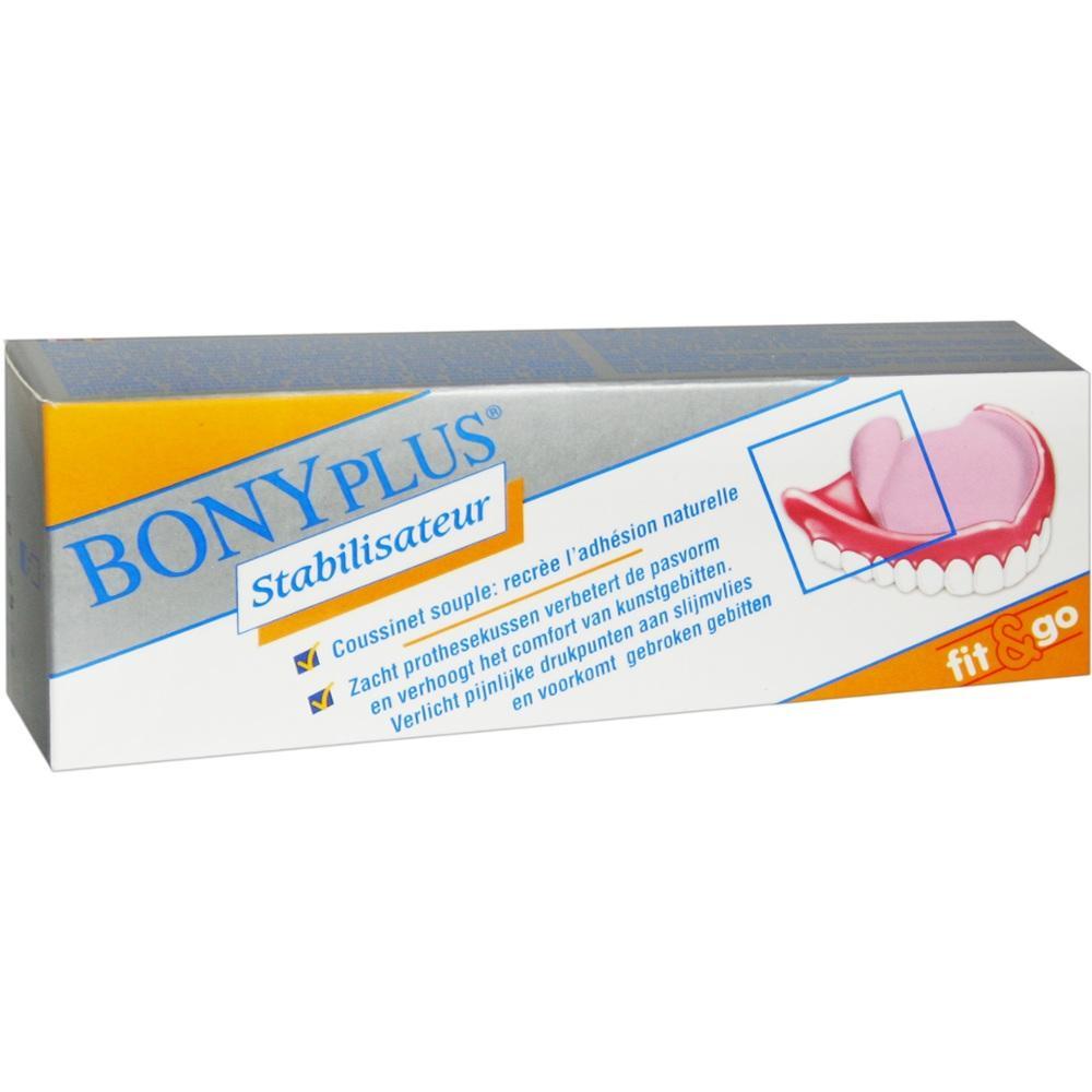 Eine Box mit der Aufschrift "Bonyplus Stabilisator" zeigt ein Zahnersatz-Kissen.