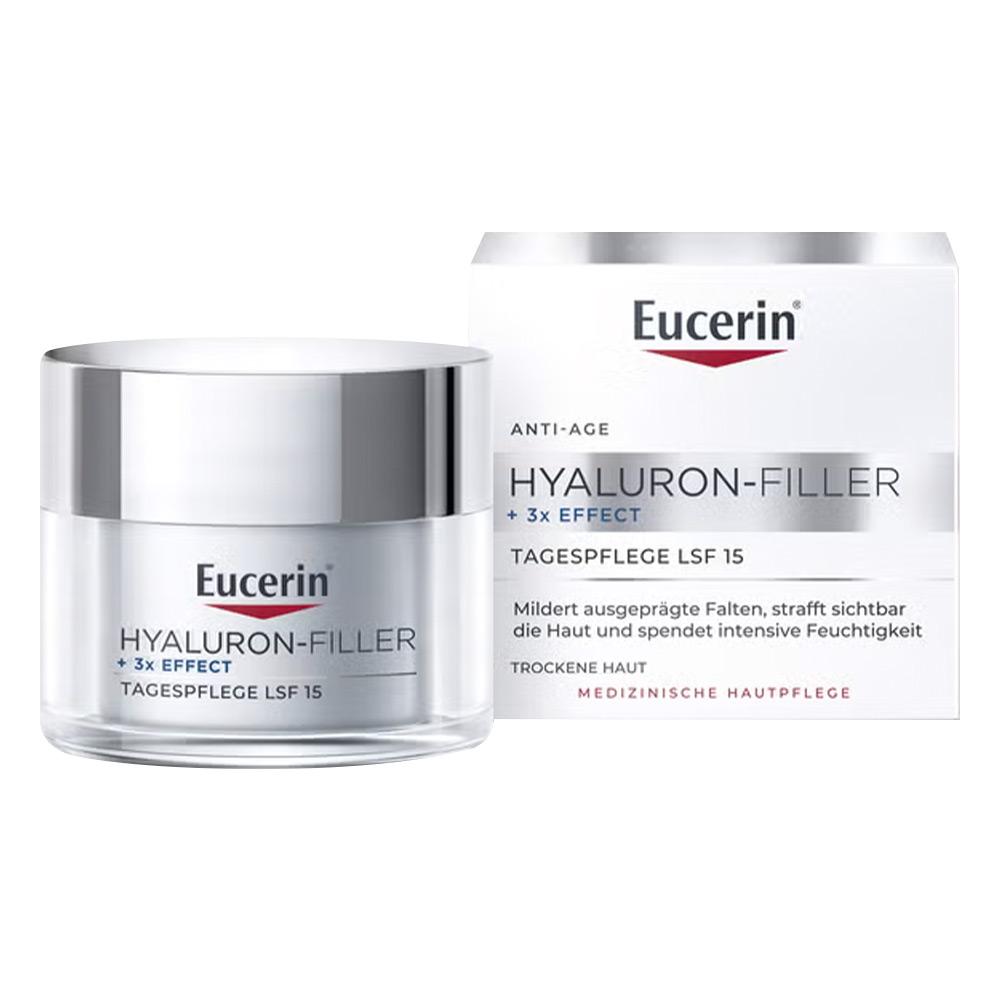 Eine wei&szlig;e Verpackung eines Anti-Age Hyaluron-Fillers von Eucerin f&uuml;r trockene Haut.
