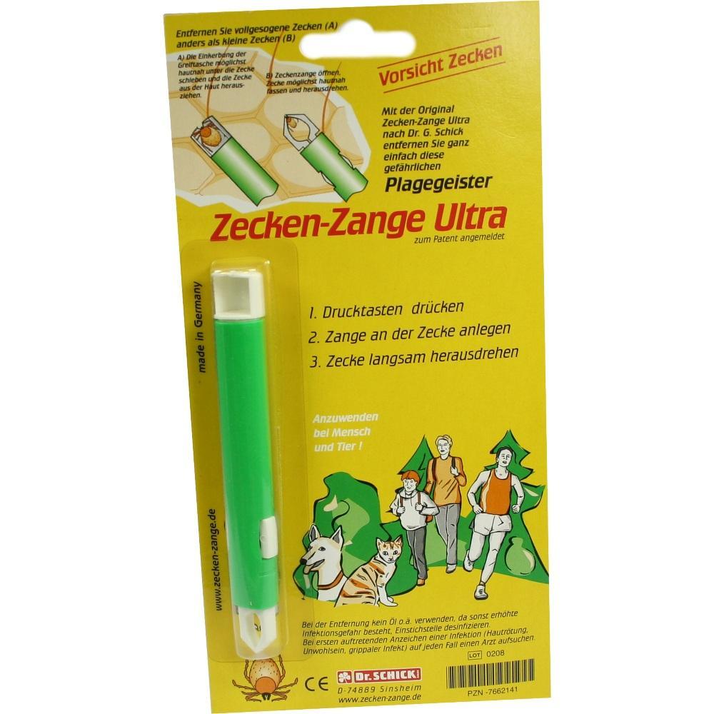 Verpackung einer Zeckenzange mit gr&uuml;ner Zange und Anleitung zum Entfernen von Zecken.