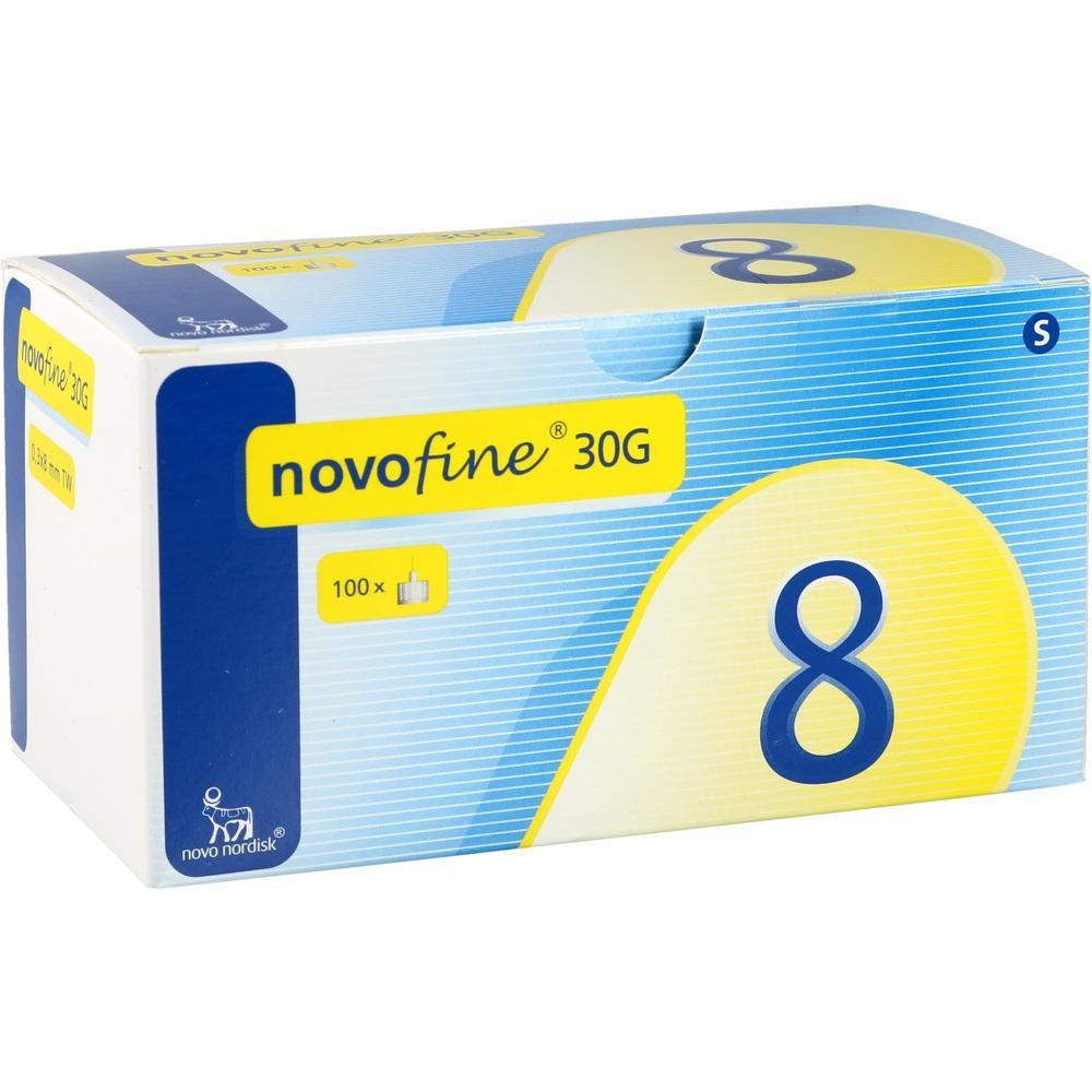 Eine Schachtel mit Nadeln der Marke Novofine, Gr&ouml;&szlig;e 8, im blauen und gelben Design.