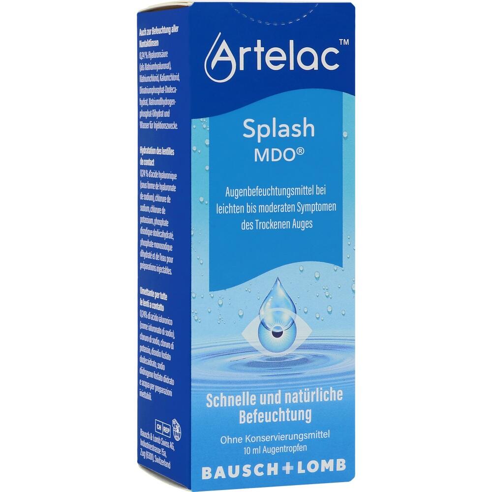 Eine blaue Packung mit Augentropfen von Artelac f&uuml;r trockene Augen.