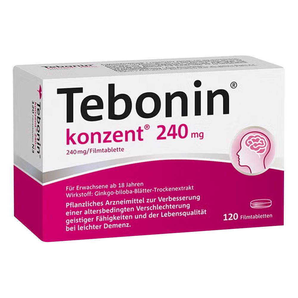 Packung mit Tebonin Filmtabletten, 240 mg, zur Unterst&uuml;tzung geistiger F&auml;higkeiten.