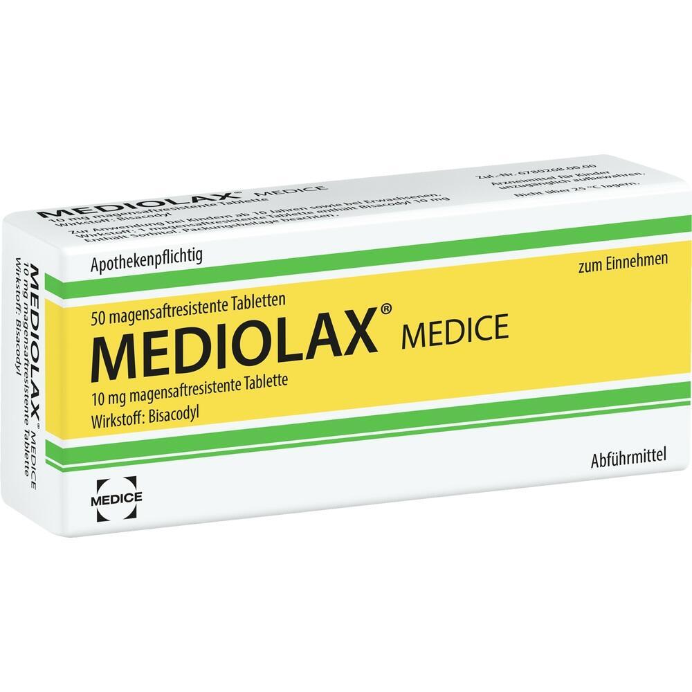 Eine Packung magensaftresistente Abf&uuml;hrtabletten namens MEDIOLAX.
