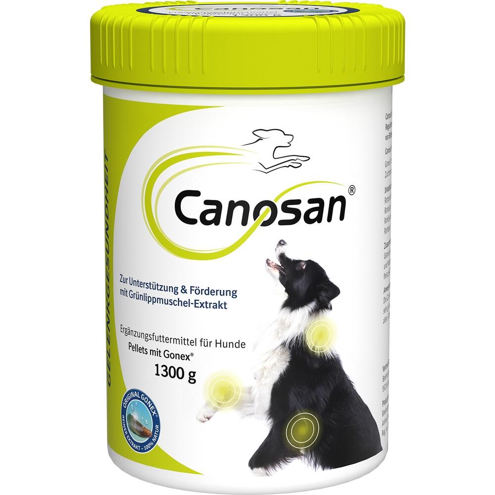 Gelbe Dose mit Hundemotiv, enth&auml;lt Nahrungserg&auml;nzung f&uuml;r Hunde.