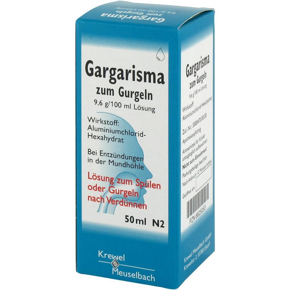 Blaue Verpackung einer Gurgell&ouml;sung zur Behandlung von Mundentz&uuml;ndungen.