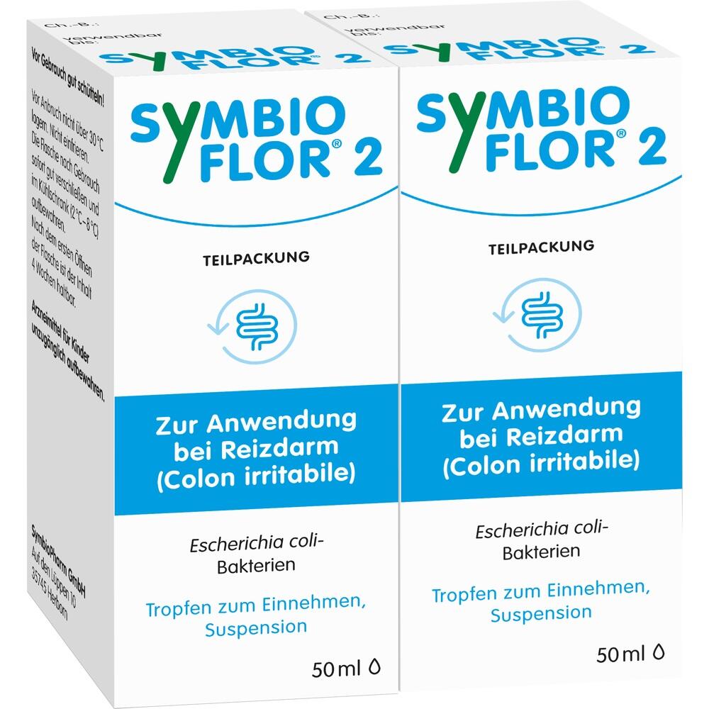 Zwei Verpackungen von Symbioflor 2, einem Mittel gegen Reizdarm.