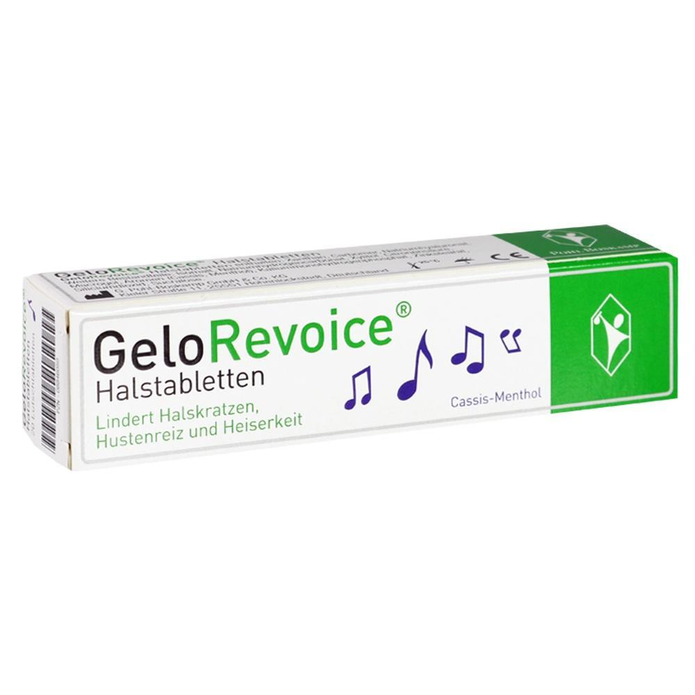 Packung von GeloRevoice Halstabletten gegen Halskratzen.