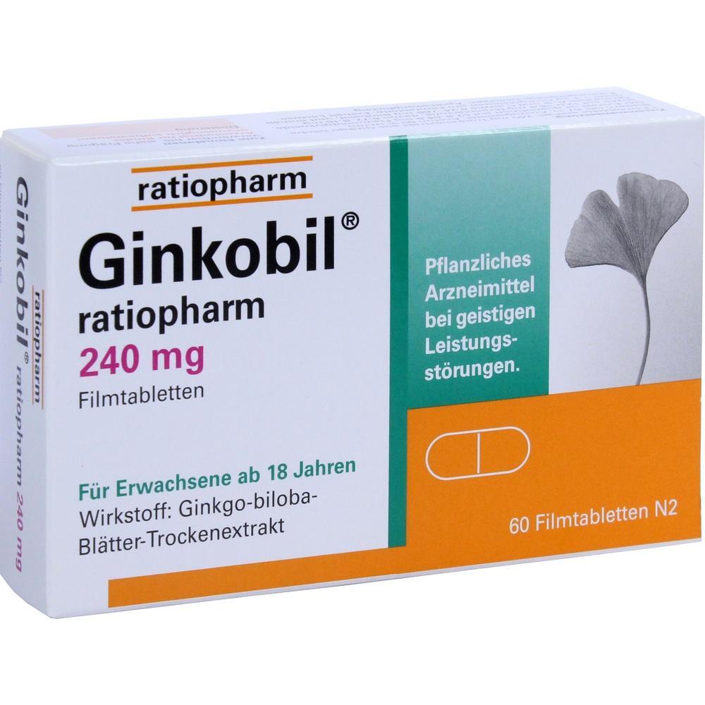 Eine Packung Ginkobil Tabletten von Ratiopharm mit 240 mg Ginkgo-Extrakt.