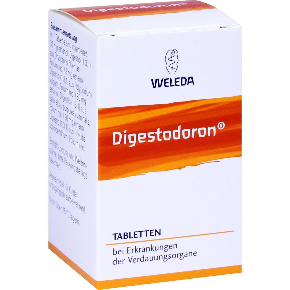 Weiße Medikamentenschachtel mit orangem Streifen und dem Namen Digestodoron.