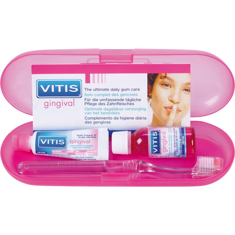 Ein pinkes Etui enth&auml;lt Zahnpflegeprodukte von Vitis f&uuml;r das Zahnfleisch.