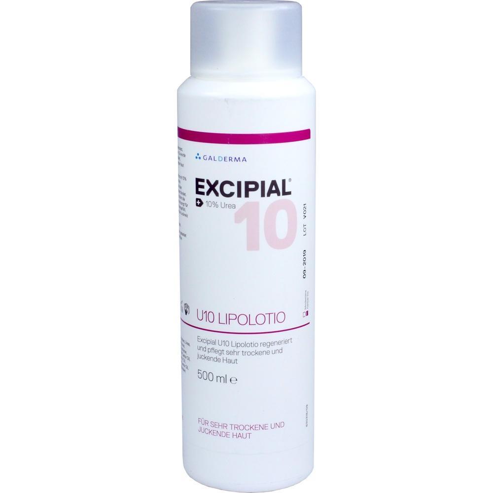 Eine wei&szlig;e Flasche Excipial U10 Lipolotio mit 500 ml f&uuml;r trockene Haut.