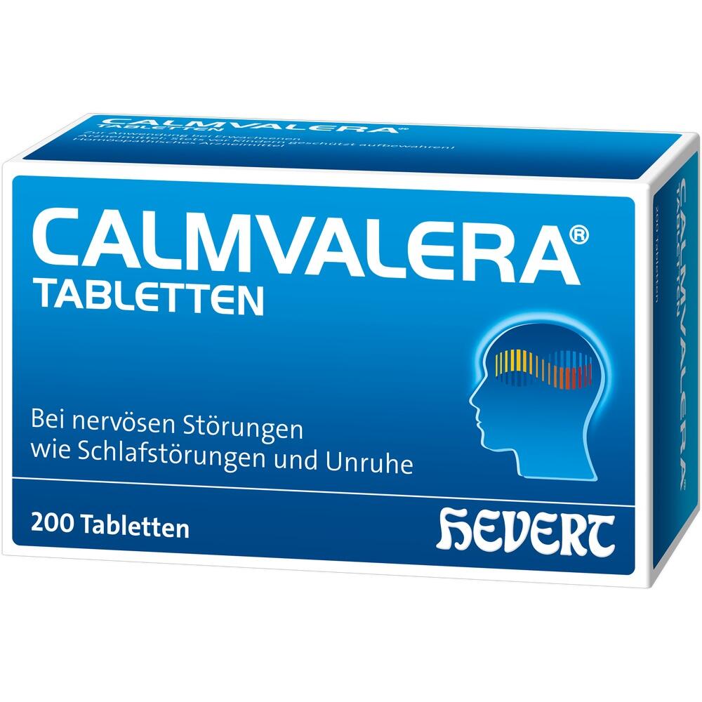 Blaue Medikamentenschachtel mit der Aufschrift "Calmvalera Tabletten".