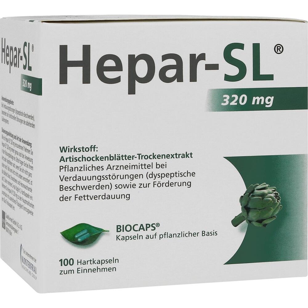 Verpackung von Hepar-SL, ein pflanzliches Mittel f&uuml;r die Verdauung mit Artischockenextrakt.