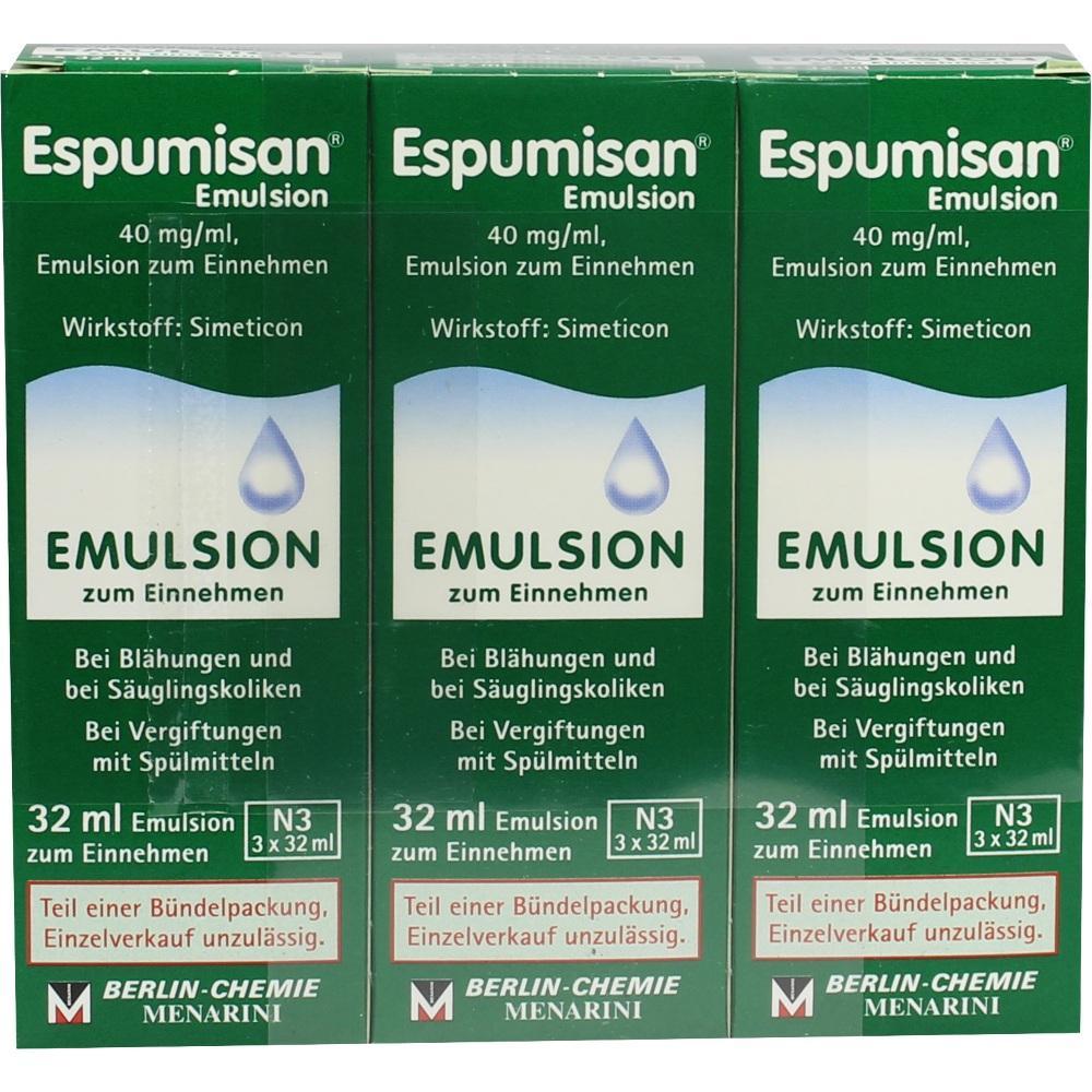 Drei gr&uuml;ne Verpackungen Espumisan Emulsion gegen Bl&auml;hungen und Koliken.