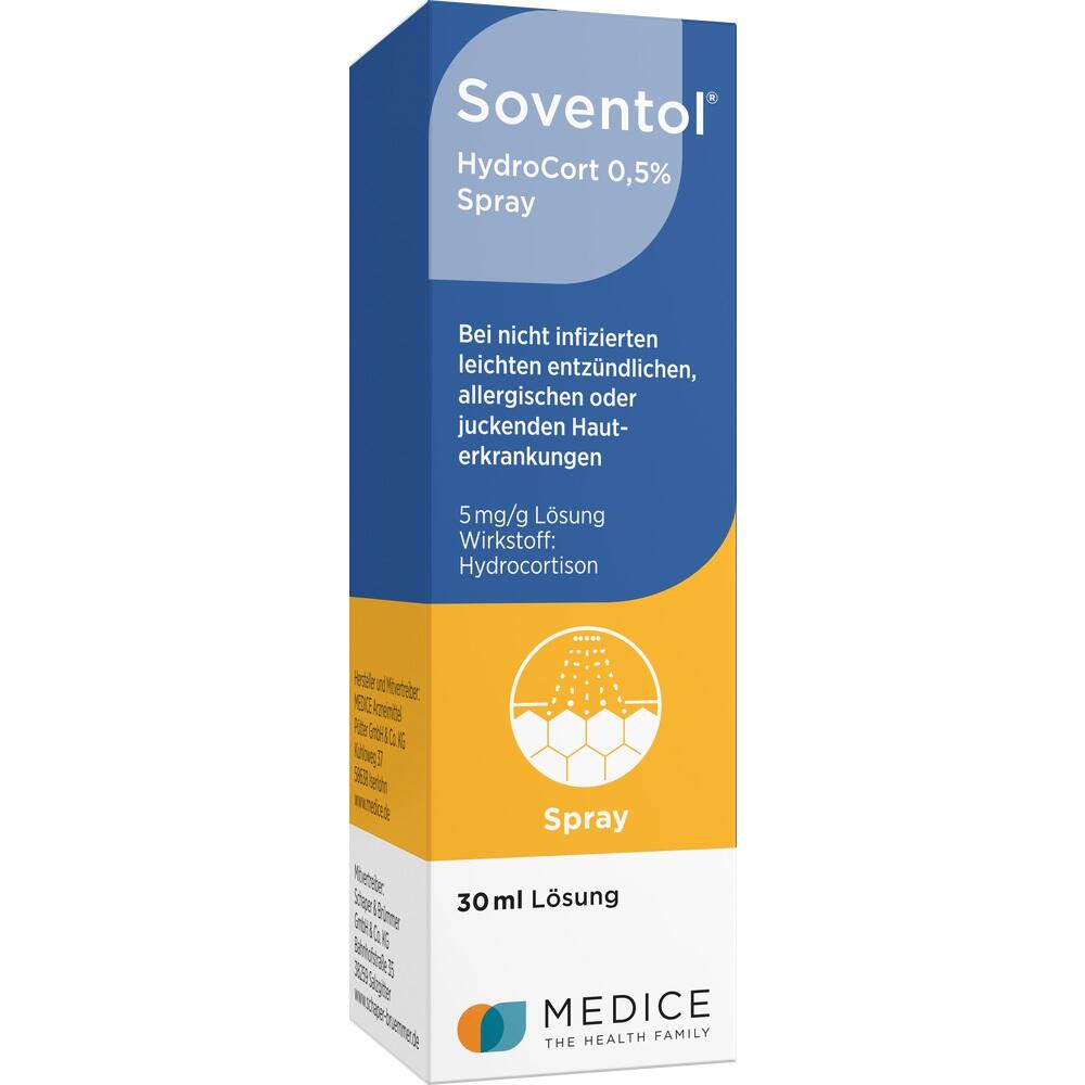 Blauer und gelber Karton einer Hautspray-Medizin gegen Juckreiz.