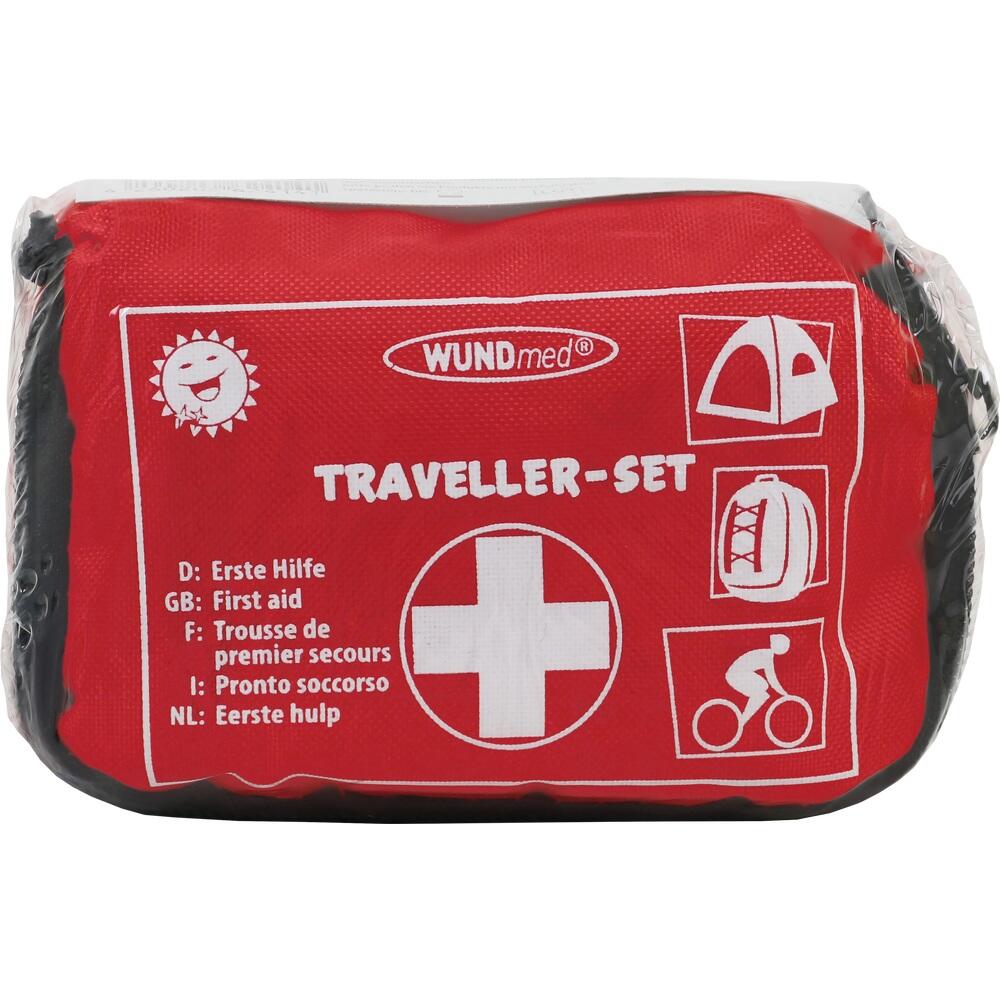 Rotes Erste-Hilfe-Set f&uuml;r Reisende mit wei&szlig;en Symbolen und Text.