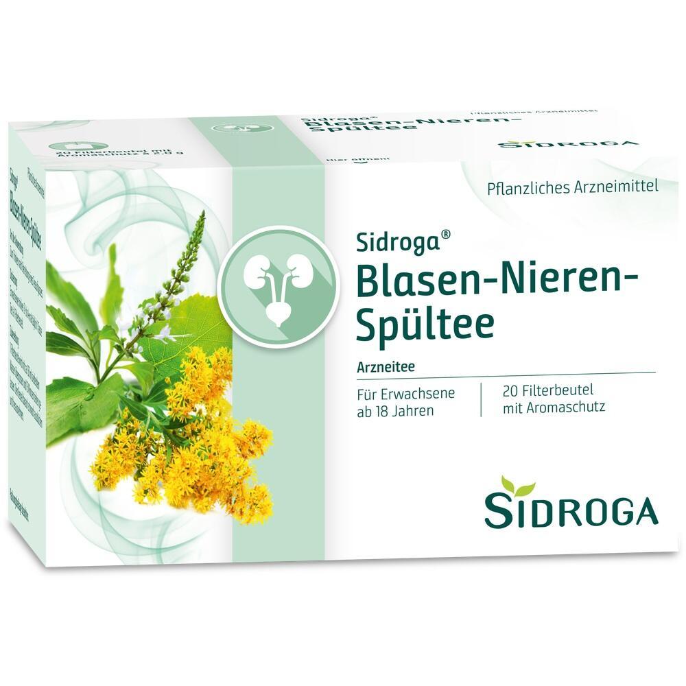 Ein Teepaket mit der Aufschrift "Blasen-Nieren-Sp&uuml;ltee" und einem Pflanzenbild.