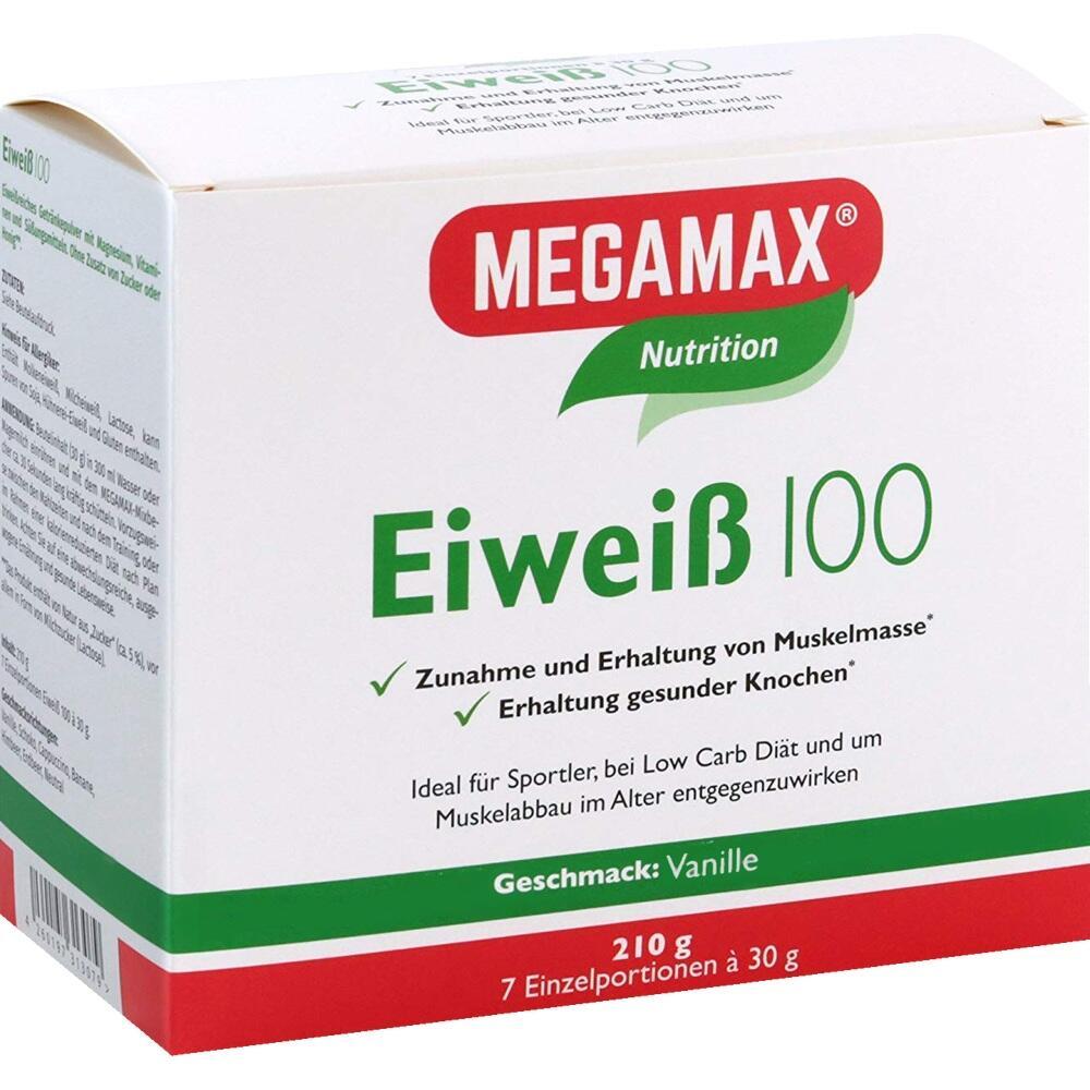 Wei&szlig;e Packung mit Eiwei&szlig;pulver von Megamax, Geschmacksrichtung Vanille.