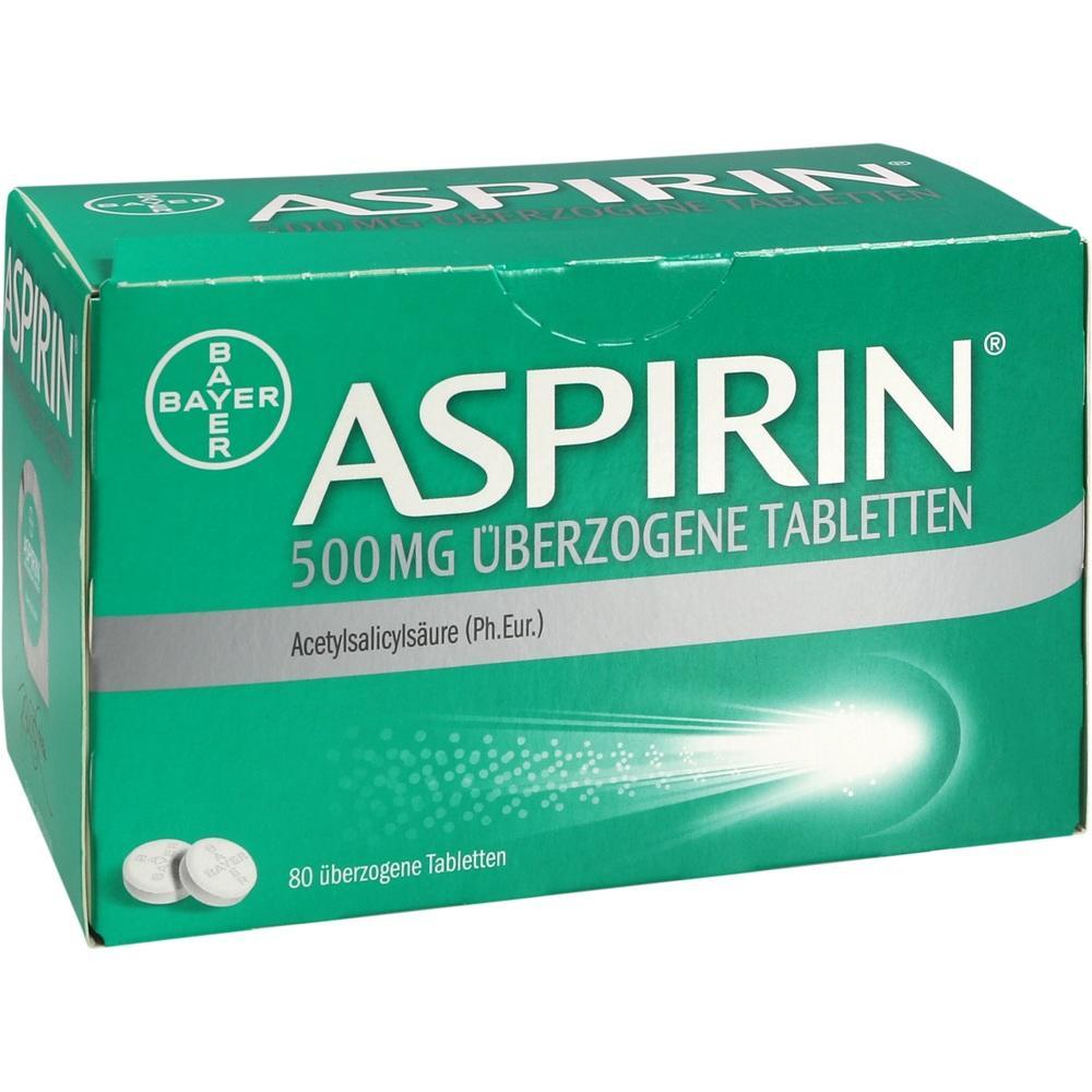Grüne Packung mit 500 mg Aspirin Tabletten von Bayer.