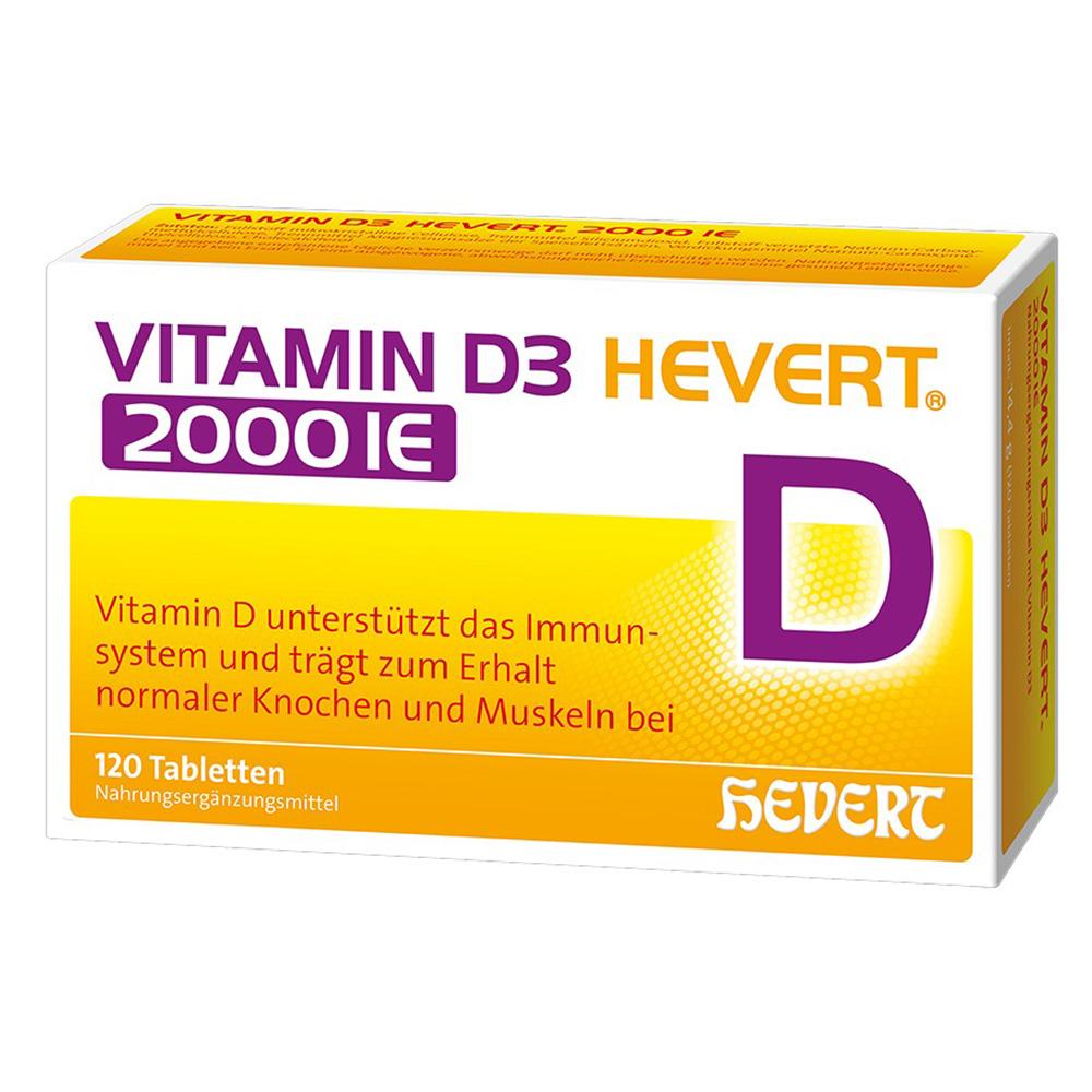 Eine Packung Vitamin D3 Tabletten von Hevert mit 2000 IE Stärke.