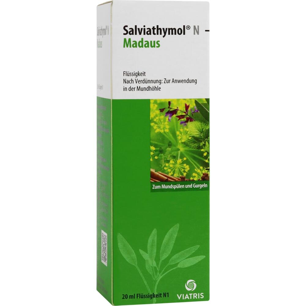 Gr&uuml;ne Packung von Salviathymol Madaus zum Mundsp&uuml;len und Gurgeln.