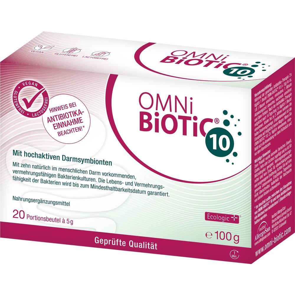 Eine Packung mit dem Aufdruck "Omni Biotic 10", vegan und glutenfrei.