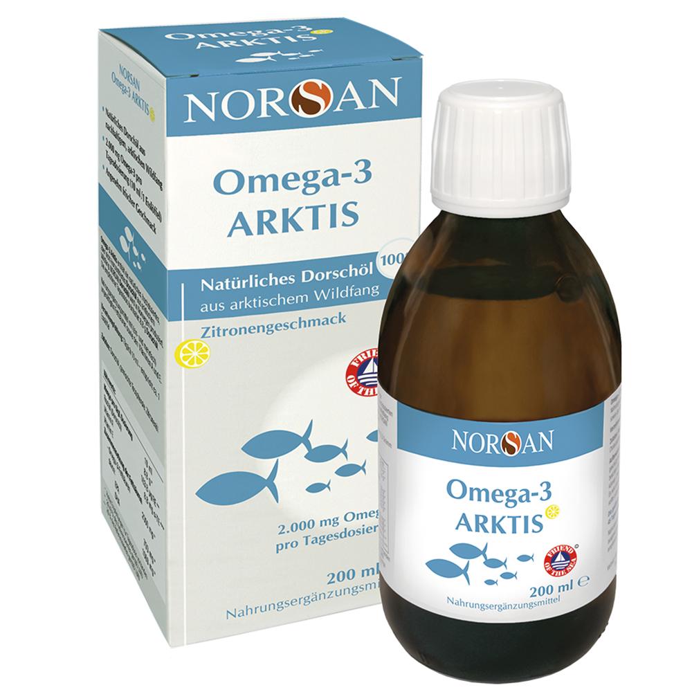 Flasche und Verpackung von Omega-3 Dorsch&ouml;l mit Zitronengeschmack.