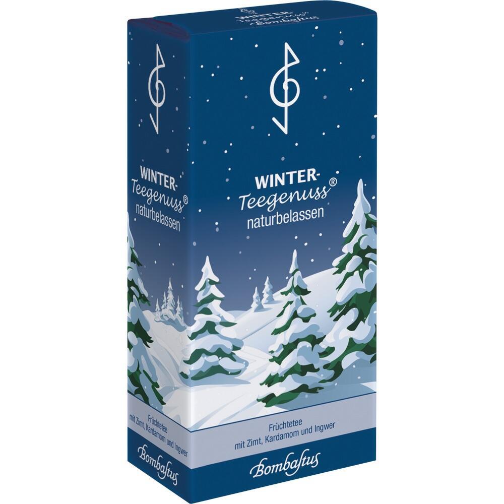 Eine Teepackung mit winterlicher Schneelandschaft und Tannenbäumen.