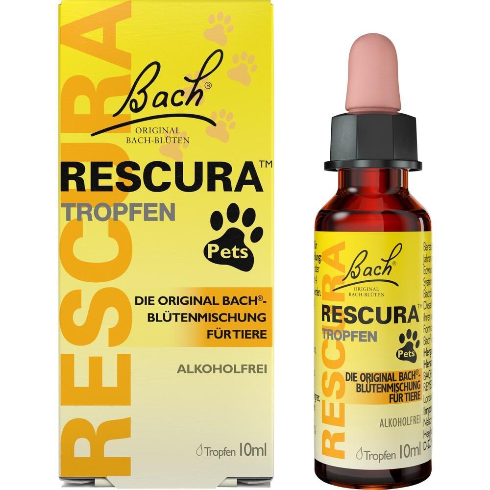 Gelbes Paket und Flasche mit Bach-Bl&uuml;ten-Tropfen f&uuml;r Haustiere, alkoholfrei.
