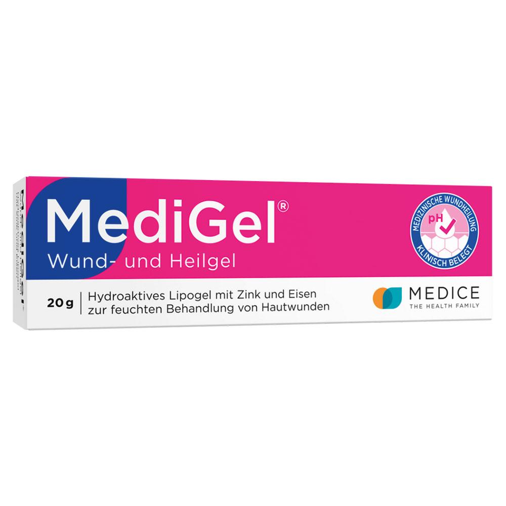 Eine Packung MediGel Wund- und Heilgel zur Behandlung von Hautwunden.