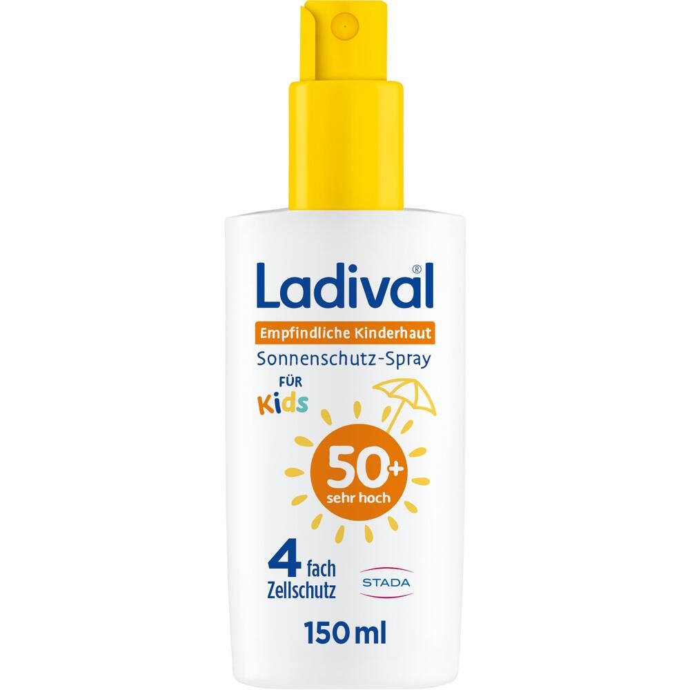 Weiße Flasche mit gelbem Sprühkopf für Kinder-Sonnenschutz mit Schutzfaktor 50+.